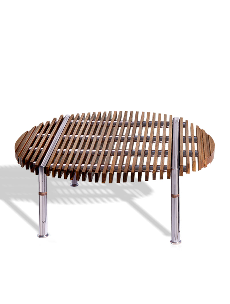 Mesa Baja Redonda Tropical Lounge 80 cm diámetro distanciadores madera patas acero satinado 1